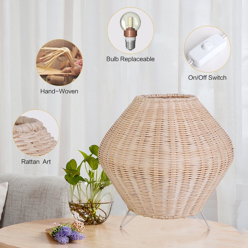 Rattan Weaving Table Lamp Eye-Caring Handmade Reading Light Decoration