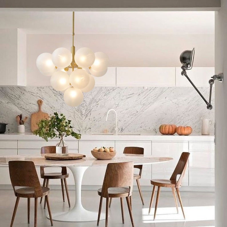 Modern Ribbed Glass Globe Chandelier - Nordic Brass Cluster Pendant Light