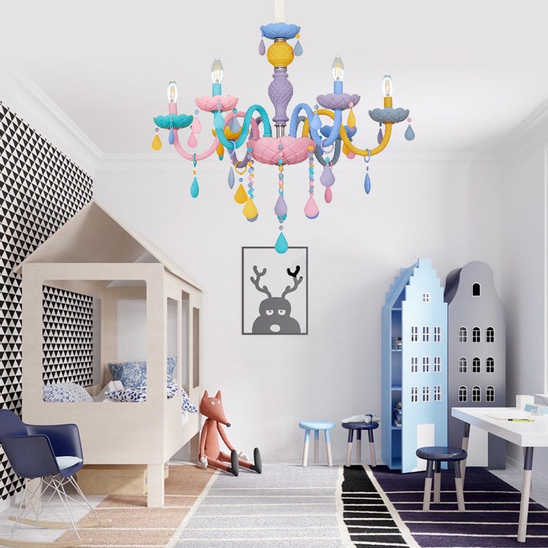 Macaron Crystal Chandelier European Candle Pendant Light Cartoon Princess Room