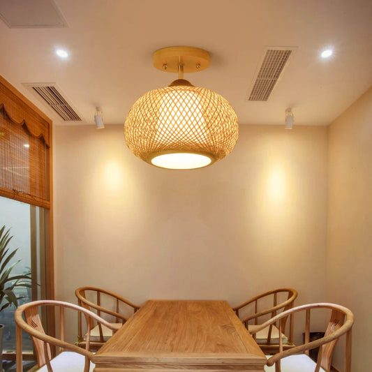 Bamboo Wide Lantern Semi Flush Mount Traditional Pendant Lights-[Modern pendant lighting for bedroom and living space]-Demolights UK