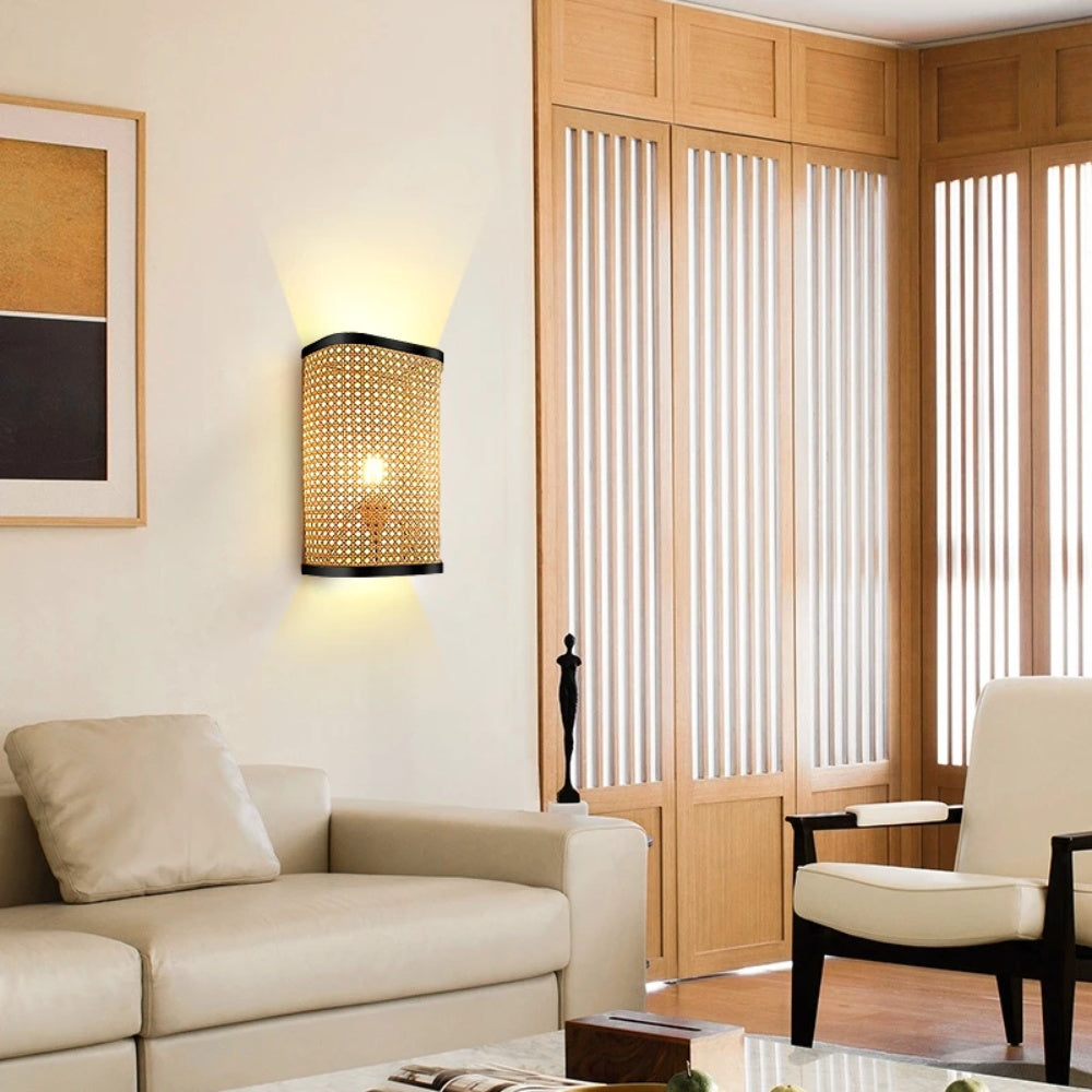 Minimalist Rectangular Wall Sconce Bamboo Single Bedroom Flush Mount Wall Light