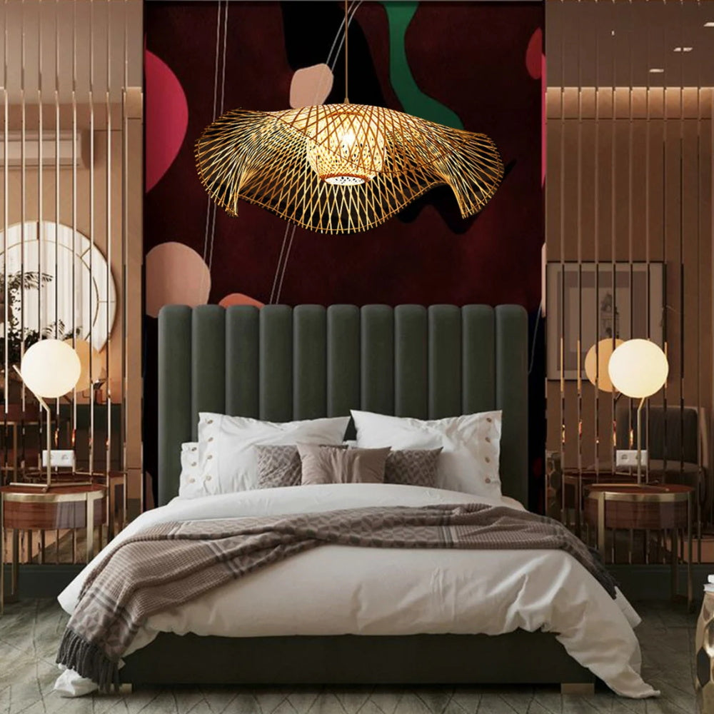 Floppy Hat Bamboo Pendant Light Woven Lampshade