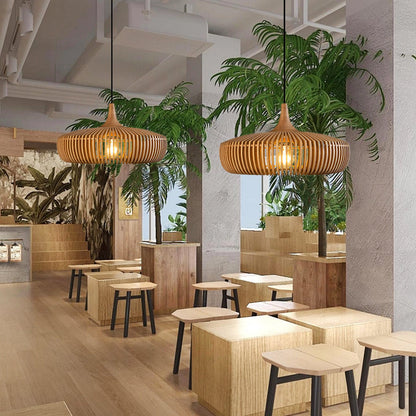 Handcrafted Natural Wood Fin Chandelier - Scandi Style Hanging Lamp