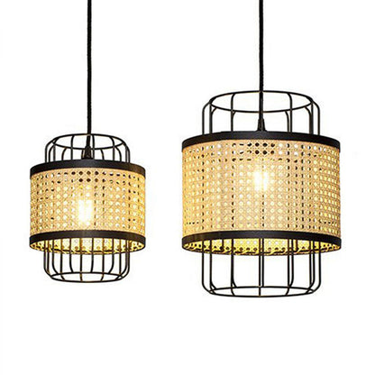 Modern Rattan Cane Lantern Pendant - Mid-Century Wire Birdcage Chandelier