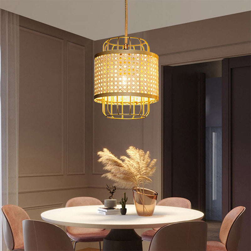 Modern Rattan Cane Lantern Pendant - Mid-Century Wire Birdcage Chandelier