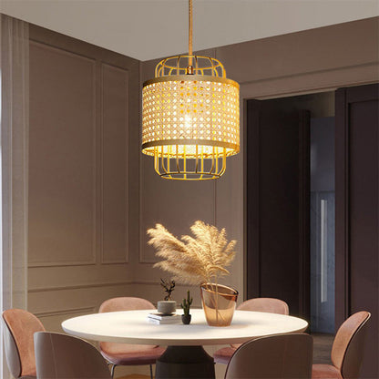 Modern Rattan Cane Lantern Pendant - Mid-Century Wire Birdcage Chandelier