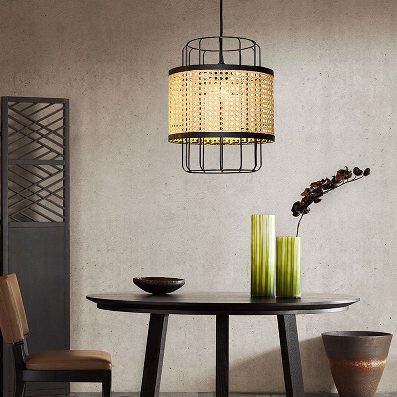 Modern Rattan Cane Lantern Pendant - Mid-Century Wire Birdcage Chandelier