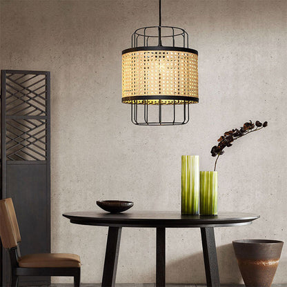 Modern Rattan Cane Lantern Pendant - Mid-Century Wire Birdcage Chandelier