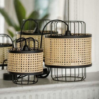 Modern Rattan Cane Lantern Pendant - Mid-Century Wire Birdcage Chandelier