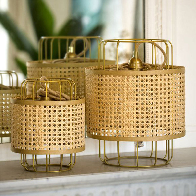 Modern Rattan Cane Lantern Pendant - Mid-Century Wire Birdcage Chandelier
