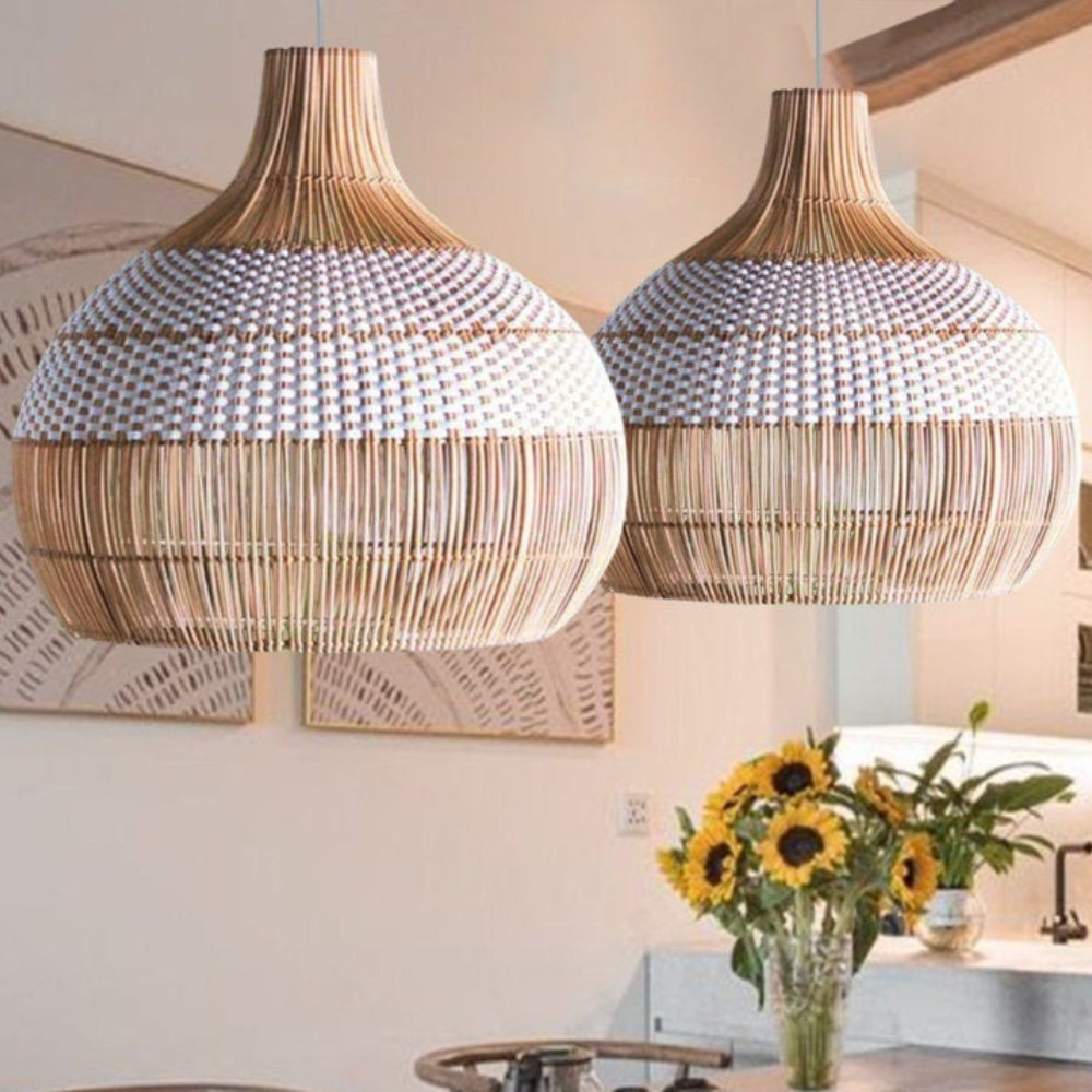 White Rattan Pendant Light Woven Rattan Lampshade-[Modern pendant lighting for bedroom and living space]-Demolights UK