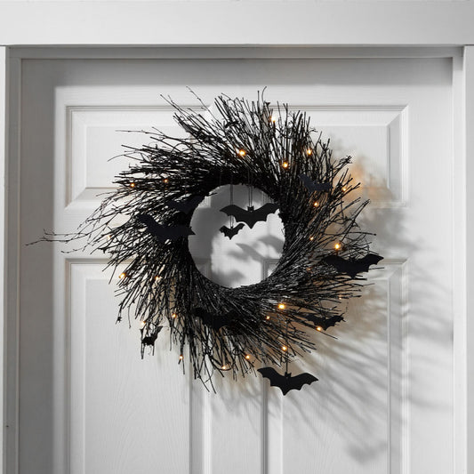 Halloween Garland Pre-Lit Black Glitter Branch Wreath with Bats-[Modern pendant lighting for bedroom and living space]-Demolights UK