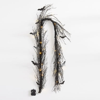 Halloween Garland Pre-Lit Black Glitter Branch Wreath with Bats