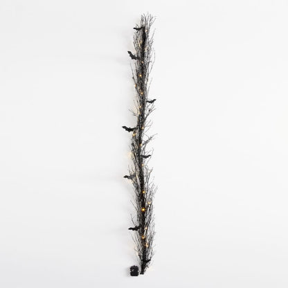 Halloween Garland Pre-Lit Black Glitter Branch Wreath with Bats