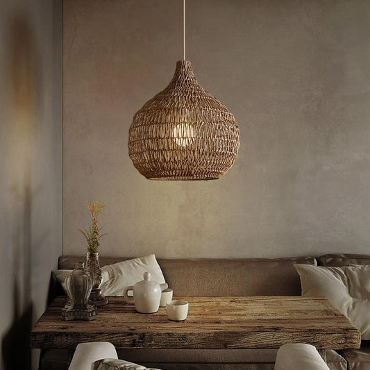 Traditional Pendant Light With Woven Shade-[Modern pendant lighting for bedroom and living space]-Demolights UK