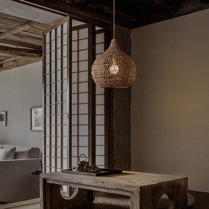 Traditional Pendant Light With Woven Shade