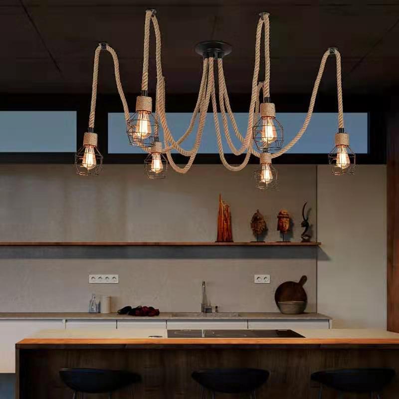 Industrial Hemp Rope Spider Chandelier - Multi-Light Cage Pendant Lamp