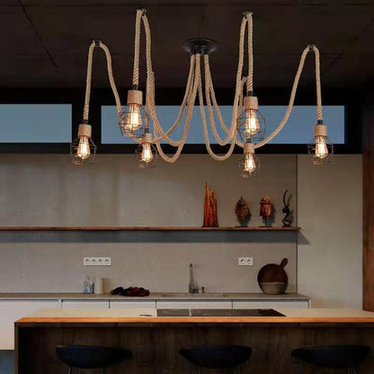Industrial Hemp Rope Spider Chandelier - Multi-Light Cage Pendant Lamp