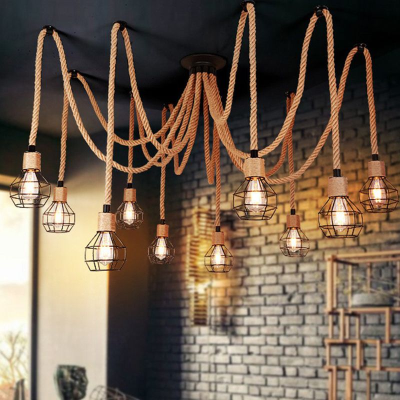 Industrial Hemp Rope Spider Chandelier - Multi-Light Cage Pendant Lamp