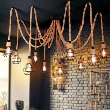 Industrial Hemp Rope Spider Chandelier - Multi-Light Cage Pendant Lamp