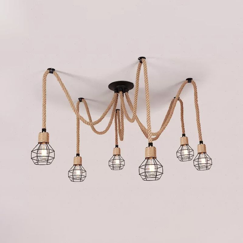 Industrial Hemp Rope Spider Chandelier - Multi-Light Cage Pendant Lamp