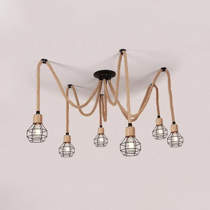 Industrial Hemp Rope Spider Chandelier - Multi-Light Cage Pendant Lamp