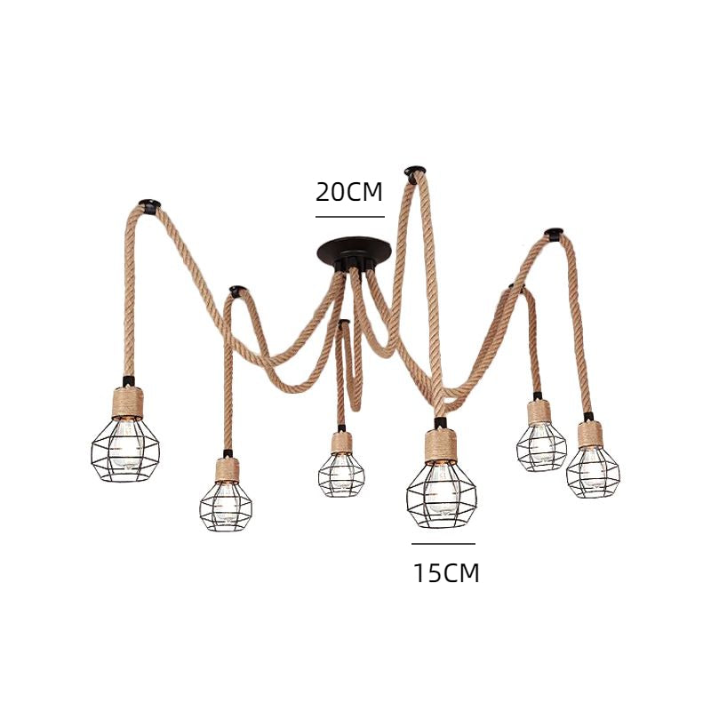Industrial Hemp Rope Spider Chandelier - Multi-Light Cage Pendant Lamp