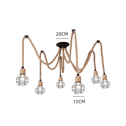 Industrial Hemp Rope Spider Chandelier - Multi-Light Cage Pendant Lamp