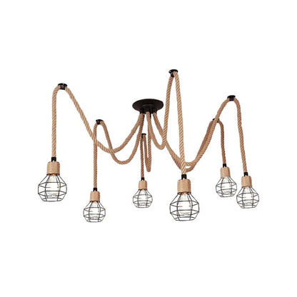 Industrial Hemp Rope Spider Chandelier - Multi-Light Cage Pendant Lamp