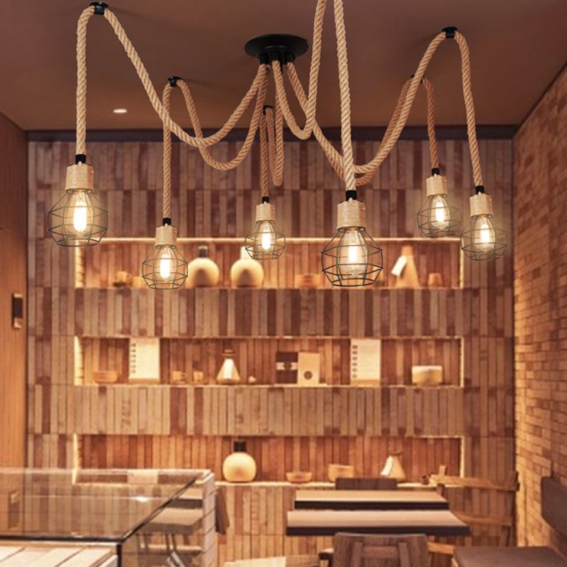 Industrial Hemp Rope Spider Chandelier - Multi-Light Cage Pendant Lamp
