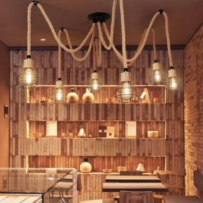 Industrial Hemp Rope Spider Chandelier - Multi-Light Cage Pendant Lamp