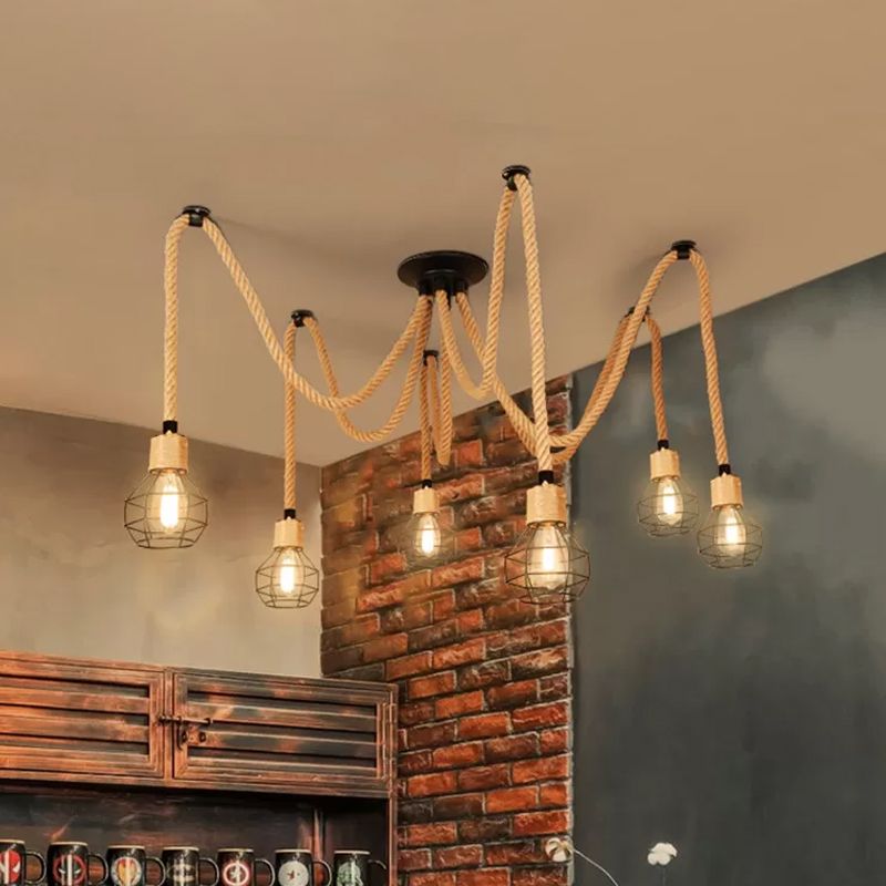Spherical Cage Rope 6-Lights Brown Pendant Lighting Fixture-[Modern pendant lighting for bedroom and living space]-Demolights UK