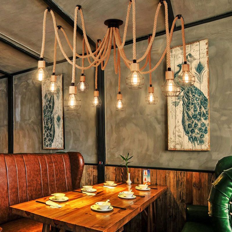 Industrial Hemp Rope Spider Chandelier - Multi-Light Cage Pendant Lamp