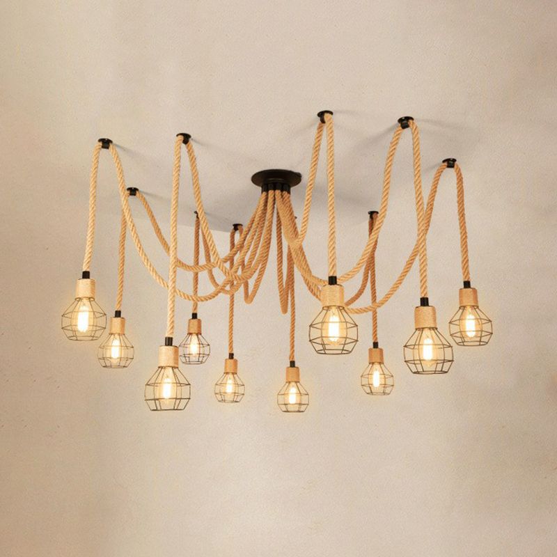 Industrial Hemp Rope Spider Chandelier - Multi-Light Cage Pendant Lamp
