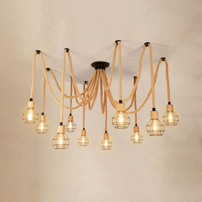 Industrial Hemp Rope Spider Chandelier - Multi-Light Cage Pendant Lamp