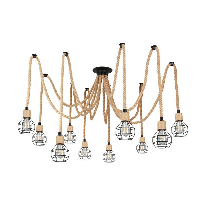 Industrial Hemp Rope Spider Chandelier - Multi-Light Cage Pendant Lamp