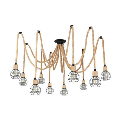 Industrial Hemp Rope Spider Chandelier - Multi-Light Cage Pendant Lamp