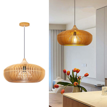 Modern Slatted Wood Pendant Light - Nordic Pumpkin Wood Chandelier