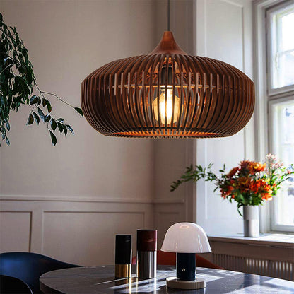 Modern Slatted Wood Pendant Light - Nordic Pumpkin Wood Chandelier