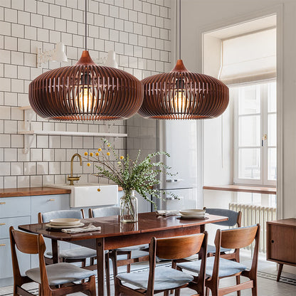 Modern Slatted Wood Pendant Light - Nordic Pumpkin Wood Chandelier