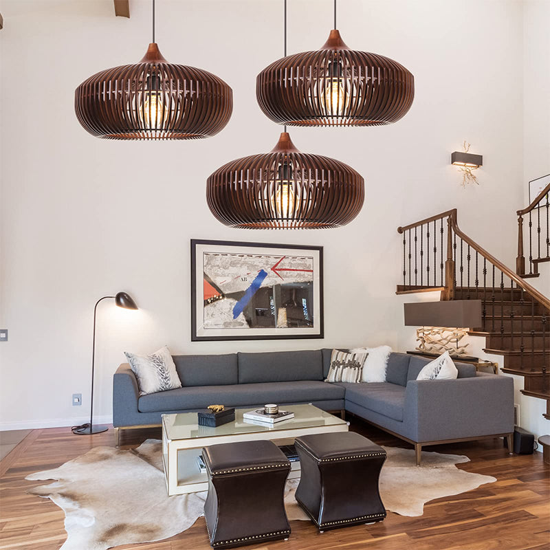 Modern Slatted Wood Pendant Light - Nordic Pumpkin Wood Chandelier
