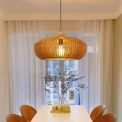 Modern Slatted Wood Pendant Light - Nordic Pumpkin Wood Chandelier
