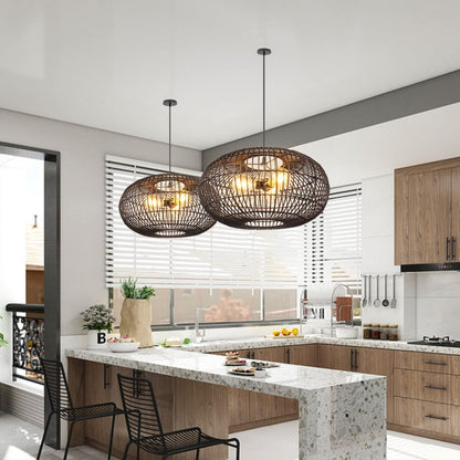 3-Light Oval Rattan Pendant Light Black Boho Ceiling Fixture