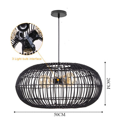 3-Light Oval Rattan Pendant Light Black Boho Ceiling Fixture
