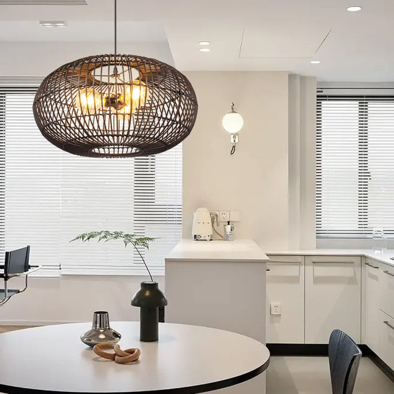 3-Light Oval Rattan Pendant Light Black Boho Ceiling Fixture