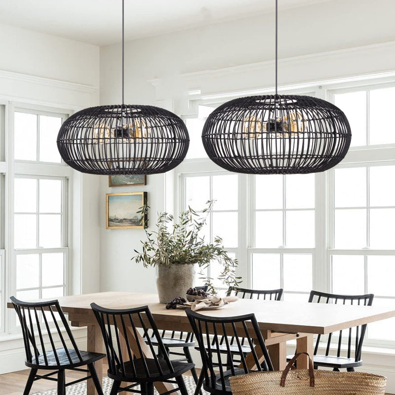 3-Light Oval Rattan Pendant Light Black Boho Ceiling Fixture