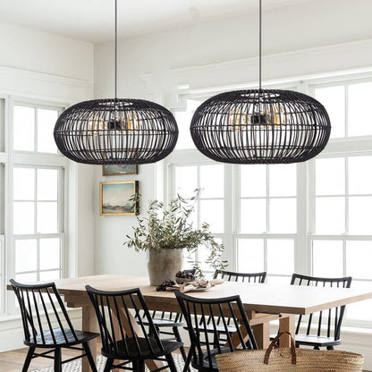 3-Light Oval Rattan Pendant Light Black Boho Ceiling Fixture