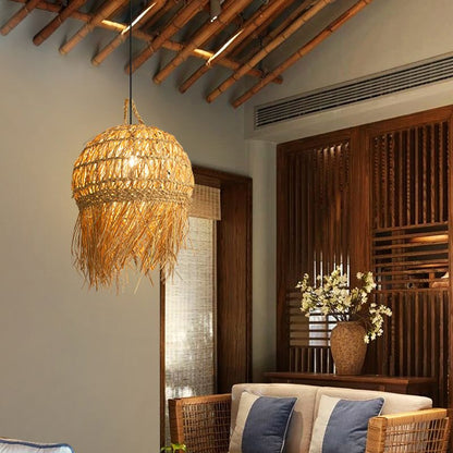 Unique Shade Bamboo Hanging Lighting Modern Style