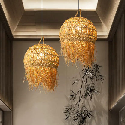 Unique Shade Bamboo Hanging Lighting Modern Style