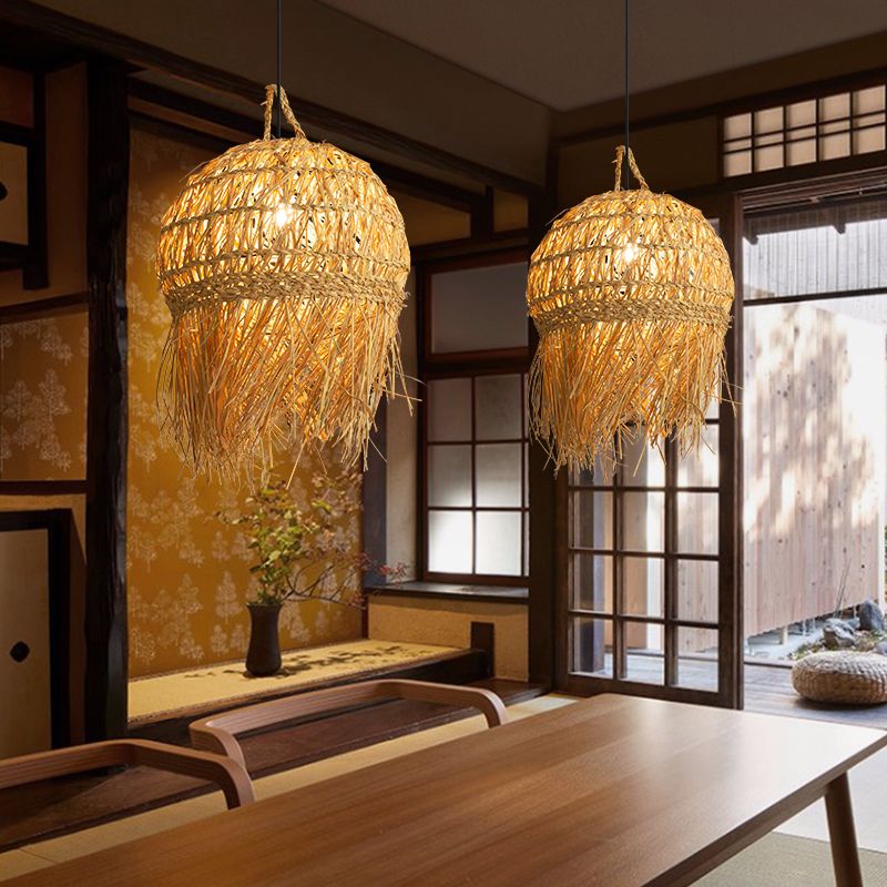Unique Shade Bamboo Hanging Lighting Modern Style